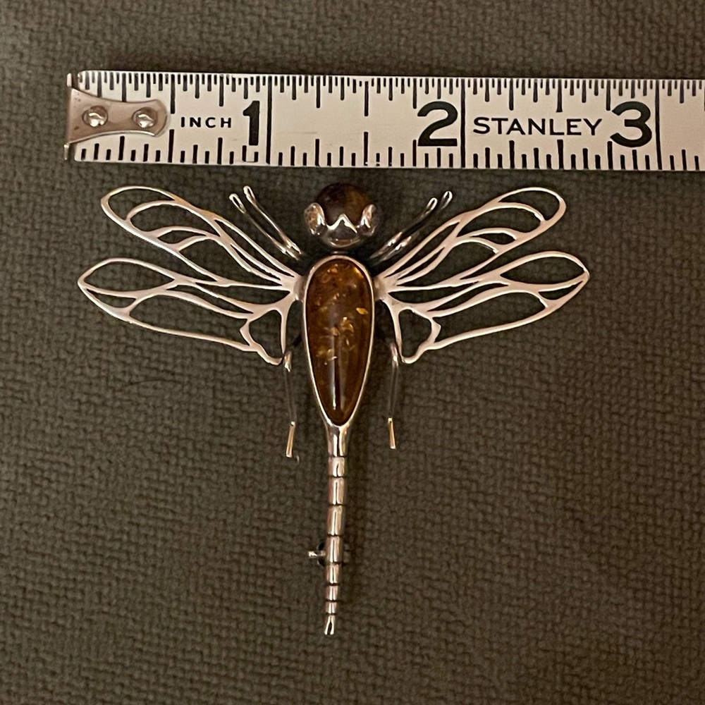 Sterling Silver Dragonfly Brooch with Amber Detail - Picture 4 of 5